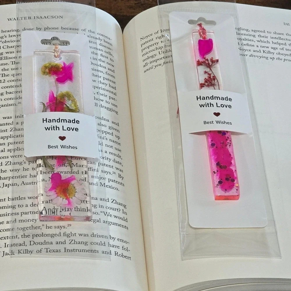 Handmade Resin Floral Bookmarks Real Pressed Flowers Pink Glitter Tassels Set 2